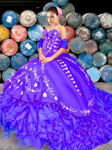 Affordable Purple Sleeveless Organza Brush Train Lace Up Quince Ball Gowns for Military Ball and Sweet 16 and Quinceanera