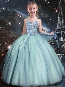 Floor Length Lace Up Pageant Dress for Teens Teal for Quinceanera and Wedding Party with Beading