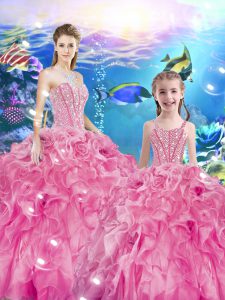 Rose Pink Sweetheart Neckline Beading and Ruffles Sweet 16 Quinceanera Dress Sleeveless Lace Up