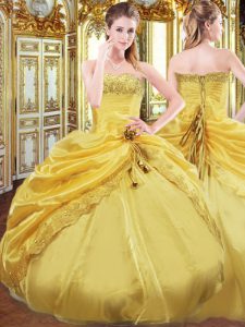 Dynamic Sleeveless Floor Length Beading and Pick Ups Lace Up Quince Ball Gowns with Gold