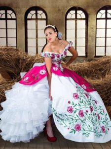 Pretty Sleeveless Floor Length Embroidery and Ruffled Layers Lace Up Quinceanera Gowns with Multi-color