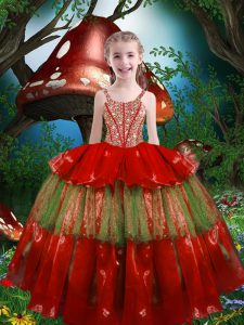 Fancy Organza Sleeveless Floor Length Custom Made Pageant Dress and Beading and Ruffled Layers