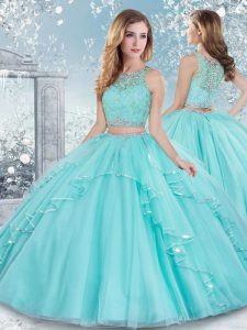 Floor Length Aqua Blue 15 Quinceanera Dress Tulle Sleeveless Beading and Lace