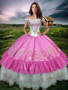 Rose Pink Taffeta Lace Up 15th Birthday Dress Sleeveless Floor Length Beading and Embroidery and Ruffled Layers