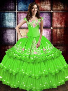 Fancy Ball Gowns Taffeta Off The Shoulder Sleeveless Embroidery and Ruffled Layers Floor Length Lace Up 15 Quinceanera Dress