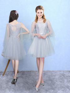 Hot Sale Knee Length Lace Up Quinceanera Court of Honor Dress Silver for Wedding Party with Lace