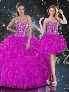 Fantastic Floor Length Fuchsia 15 Quinceanera Dress Organza Sleeveless Beading and Ruffles