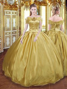 Gold Ball Gowns Tulle Off The Shoulder Sleeveless Beading and Appliques and Hand Made Flower Floor Length Lace Up Quinceanera Dress