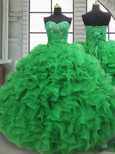 Customized Sleeveless Organza Floor Length Lace Up Sweet 16 Dress in Green with Beading and Ruffles