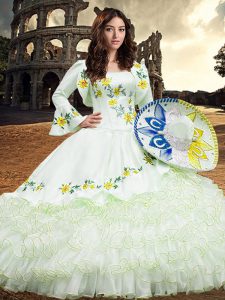 Traditional White Organza Lace Up Square Long Sleeves Floor Length Quinceanera Gowns Embroidery and Ruffled Layers