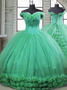 Turquoise Quinceanera Gowns Off The Shoulder Sleeveless Brush Train Lace Up