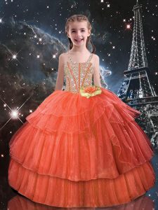 Fashion Short Sleeves Tulle Floor Length Lace Up Little Girls Pageant Gowns in Orange Red with Beading and Ruffled Layers