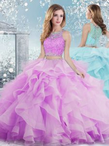 Lilac Ball Gowns Scoop Sleeveless Organza Floor Length Clasp Handle Beading and Ruffles Quinceanera Dresses