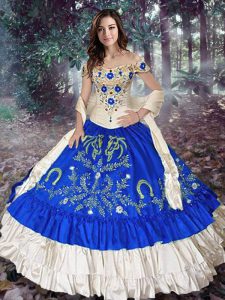 Floor Length Royal Blue 15 Quinceanera Dress Taffeta Sleeveless Embroidery and Ruffled Layers