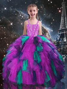 Charming Fuchsia Lace Up Pageant Gowns Beading and Ruffles Sleeveless Floor Length