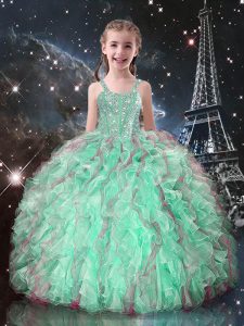 Sleeveless Organza Floor Length Lace Up Pageant Gowns For Girls in Turquoise with Beading and Ruffles