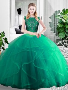 Turquoise Two Pieces Scoop Sleeveless Tulle Floor Length Zipper Lace and Ruffles 15 Quinceanera Dress