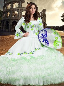 Custom Fit White Organza Lace Up 15 Quinceanera Dress Long Sleeves Floor Length Embroidery and Ruffled Layers