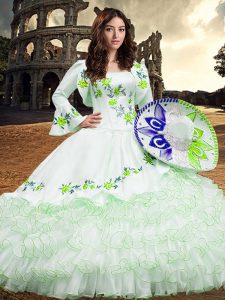 Custom Fit White Organza Lace Up 15 Quinceanera Dress Long Sleeves Floor Length Embroidery and Ruffled Layers