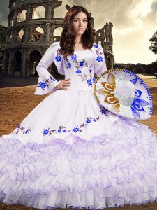 Embroidery and Ruffled Layers Vestidos de Quinceanera Royal Blue Lace Up Long Sleeves Floor Length
