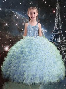 Best Floor Length Light Blue Pageant Dress Womens Straps Sleeveless Lace Up