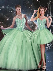 Sweetheart Sleeveless Quinceanera Gowns Floor Length Beading Apple Green Tulle