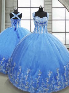 Floor Length Baby Blue Ball Gown Prom Dress Tulle Sleeveless Beading and Appliques