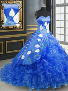 Cute Lace Up Ball Gown Prom Dress Blue for Military Ball and Sweet 16 and Quinceanera with Embroidery and Ruffles Brush Train
