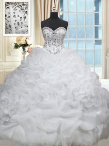 Sweetheart Sleeveless Quinceanera Dresses Brush Train Beading and Pick Ups White Organza