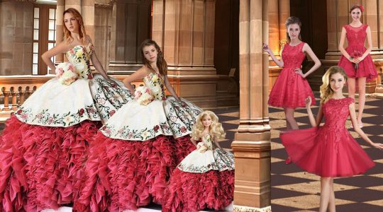 Taffeta Sweetheart Sleeveless Brush Train Lace Up Embroidery and Ruffles Quince Ball Gowns in White And Red