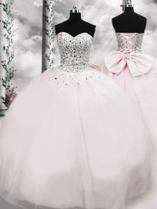 Modern Sleeveless Tulle Brush Train Lace Up 15th Birthday Dress in Pink with Beading and Bowknot