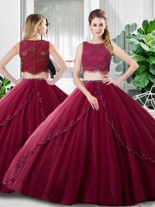 Deluxe Floor Length Burgundy Sweet 16 Dress Tulle Sleeveless Lace and Ruching