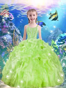 Sleeveless Floor Length Beading and Ruffles Lace Up High School Pageant Dress with Yellow Green