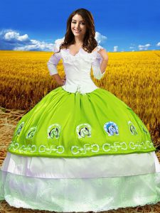 Shining Yellow Green Lace Up Quinceanera Gowns Embroidery 3 4 Length Sleeve Floor Length