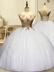 White Scoop Neckline Appliques and Ruffles Ball Gown Prom Dress Sleeveless Lace Up