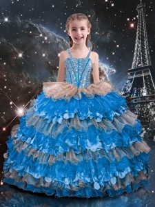 Baby Blue Ball Gowns Straps Sleeveless Organza Floor Length Lace Up Beading and Ruffled Layers Kids Pageant Dress