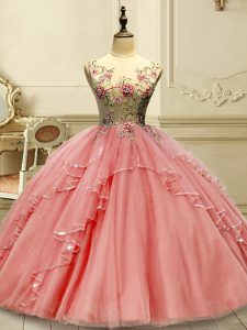 Custom Design Watermelon Red Scoop Neckline Appliques Quince Ball Gowns Sleeveless Lace Up