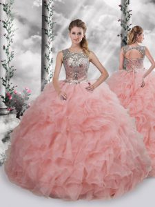 Baby Pink Lace Up Scoop Beading and Ruffles Sweet 16 Dress Organza Sleeveless