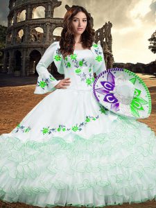 Eye-catching White Lace Up Quince Ball Gowns Embroidery and Ruffled Layers Long Sleeves Floor Length