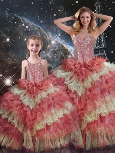 Suitable Multi-color Sleeveless Beading and Ruffled Layers and Sequins Floor Length 15 Quinceanera Dress