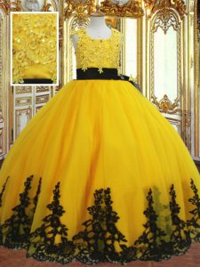 New Style Floor Length Gold Pageant Dress for Teens Tulle Sleeveless Lace and Appliques