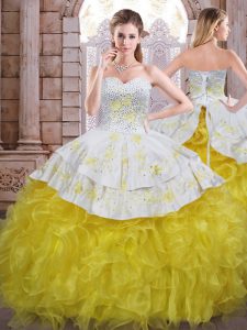 Latest Organza Sleeveless Floor Length Ball Gown Prom Dress and Beading and Appliques and Ruffles