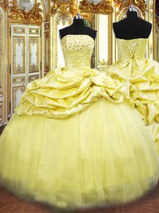 Gold Ball Gowns Strapless Sleeveless Taffeta Floor Length Lace Up Beading and Pick Ups 15th Birthday Dress