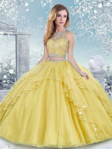 Scoop Sleeveless Quinceanera Gowns Floor Length Beading and Lace Gold Tulle