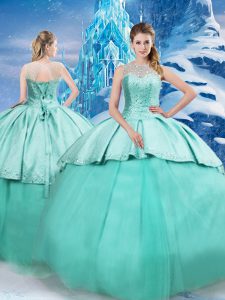 Turquoise Ball Gowns Tulle Scoop Sleeveless Beading and Ruching Lace Up Quinceanera Dresses Brush Train