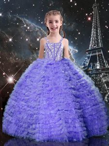 Best Straps Short Sleeves Tulle Winning Pageant Gowns Beading and Ruffled Layers Lace Up