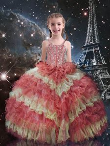 Beauteous Watermelon Red Straps Lace Up Beading and Ruffled Layers Kids Pageant Dress Short Sleeves
