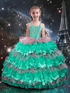 Turquoise Lace Up Little Girl Pageant Gowns Beading and Ruffled Layers Sleeveless Floor Length