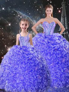 Fashionable Purple Organza Lace Up Sweetheart Sleeveless Floor Length Quinceanera Dress Beading and Ruffles