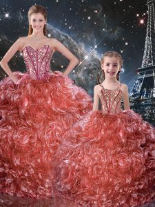 New Arrival Rust Red Organza Lace Up Sweetheart Sleeveless Floor Length 15th Birthday Dress Beading and Ruffles